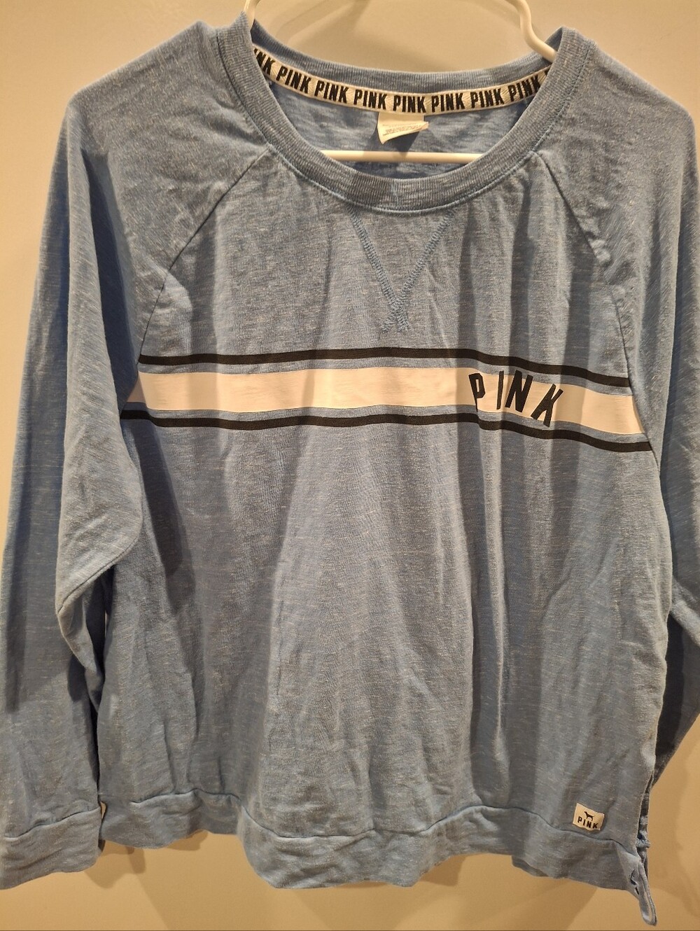 PINK Victoria's Secret Light Blue Crewneck Sweatshirt with White Stripe